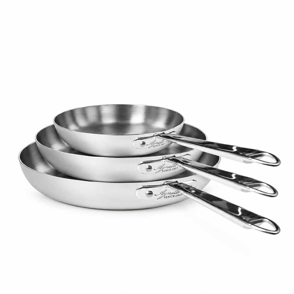 28-24-20 cm - Agnelli Alu-Inox 5-Ply Tris Padelle Basse In Alluminio Acciaio Inox Con Manico 1907 - Set 3 Pz