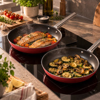 26-28 cm - Cookware 50's Style Set de Poêles Basses Antiadhésives en Aluminium avec Manches en Acier Inoxydable