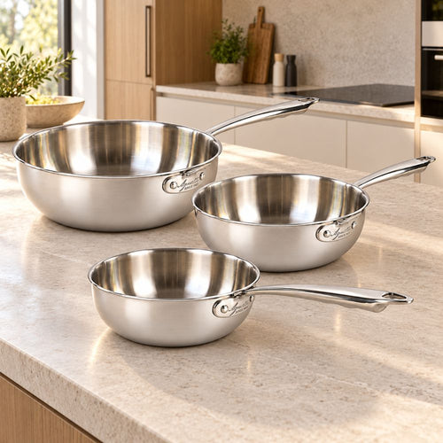 20-24-28 cm - Alu-Inox 3-Ply Set Hohe Schwenkpfannen zum Cremigrühren mit AluInox-Griffen - 3-teilig