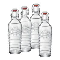 Quattro bottiglie di vetro trasparente con chiusura ermetica a leva, superficie a righe orizzontali e scritta in rilievo "Italian Quality Glass Since