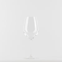 Bicchiere da vino trasparente in vetro con gambo lungo e base rotonda su sfondo bianco.