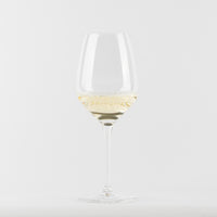 calice di vetro trasparente con vino bianco chiaro su sfondo bianco neutro