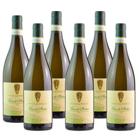 Sette bottiglie di vino bianco con etichetta gialla, mostrano il logo "Rocca del Principe" e il nome "Fiano di Avellino".