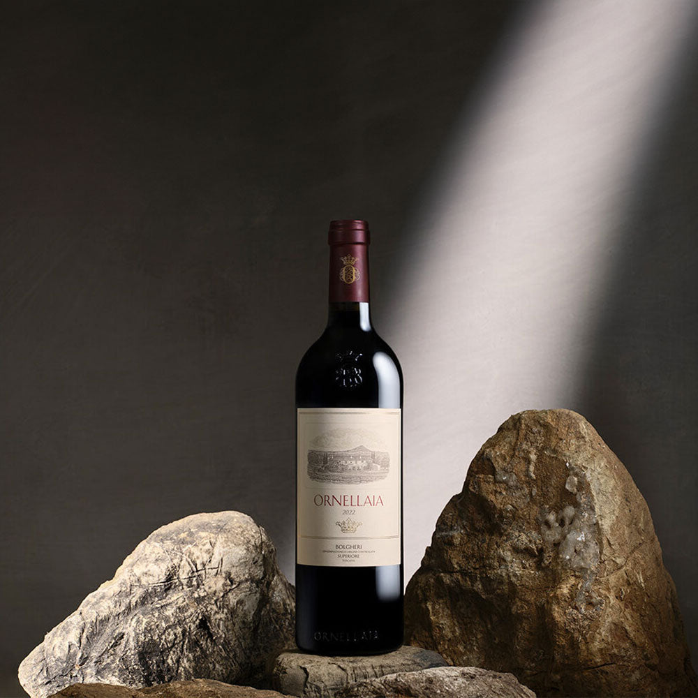 Bottiglia di vino rosso Ornellaia 2022 con etichetta beige su pietre grezze e sfondo scuro con luce radente.