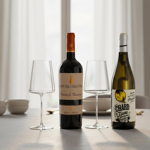White & Red Wine Glass Set + Primitivo di Manduria + Fiano Puglia IGT