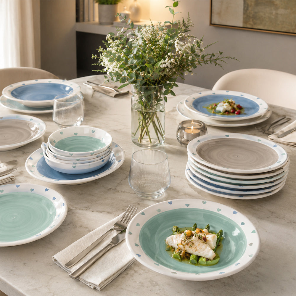 Complete set of stoneware plates for a coordinated table