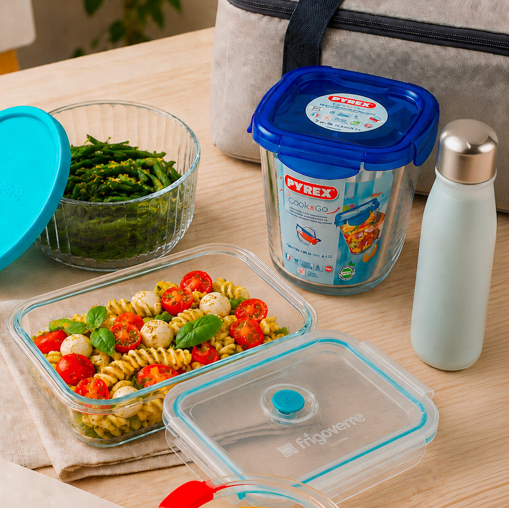 Food containers with salad and fresh ingredients on a table